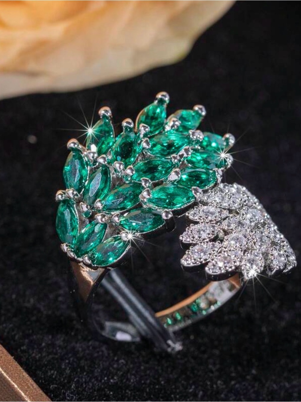 Emerald Green and Silver Leaf Cluster Ring